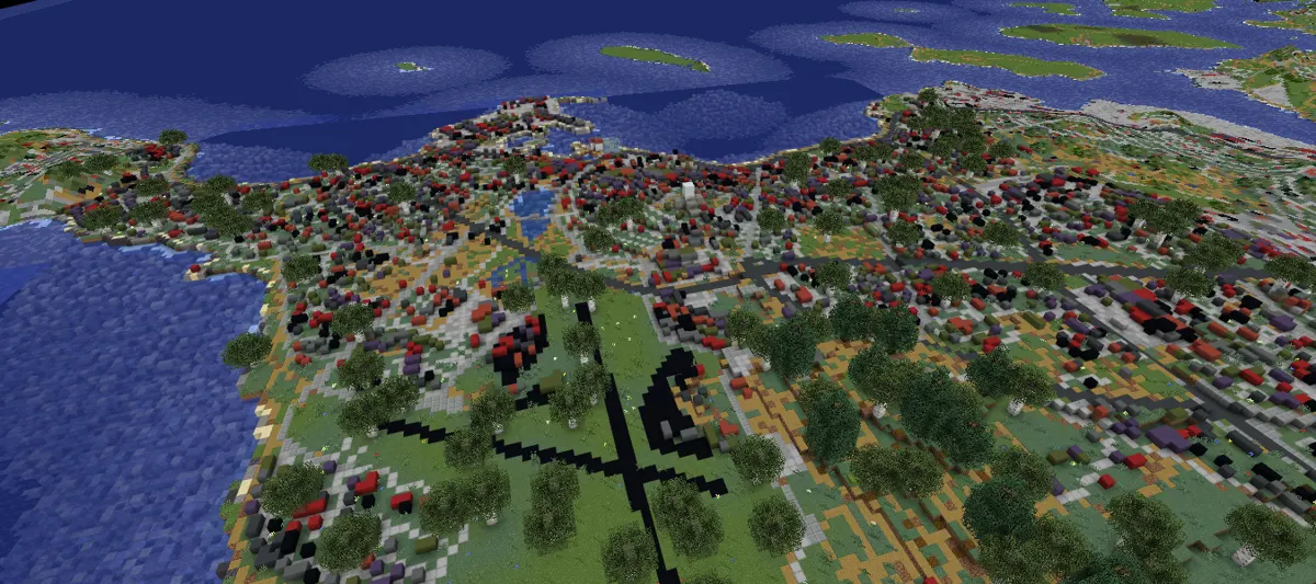 Reykjavík í Minecraft séð ofan frá, Esjan í baksýn
